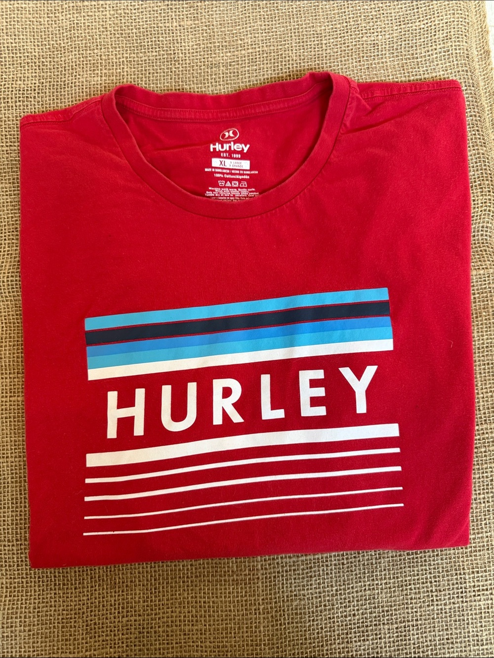 Hurley Red Short Sleeve Graphic Tee with Blue Accent